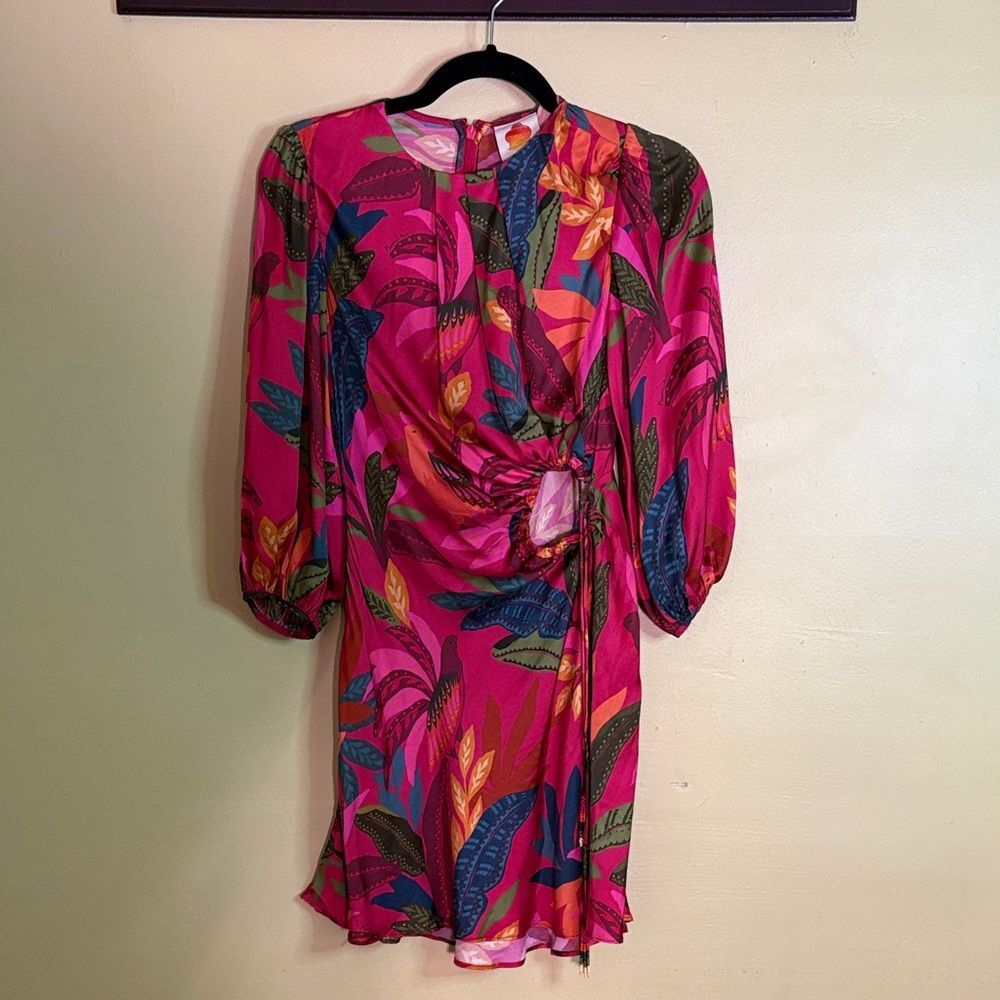 Farm Rio Rooster Leaves Red Long Sleeve Mini Dress XXS